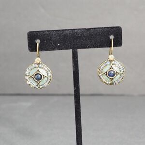 Avon Pierced Earrings Dangle Gold Tone Blue Cabochon Mosaic Enamel Bead Vintage